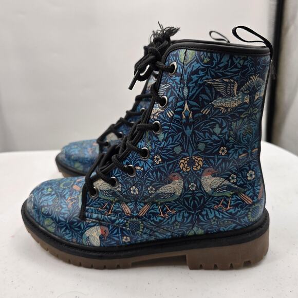 Harlow & Lloyd Combat Boots Womens 8 Blue Bird Print Lug Sole - Picture 5 of 11